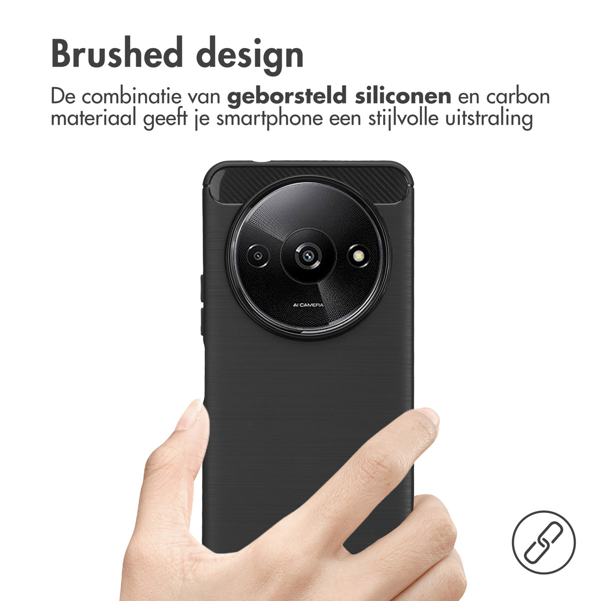 Custodia nera per telefono tenuta in mano, con design spazzolato.