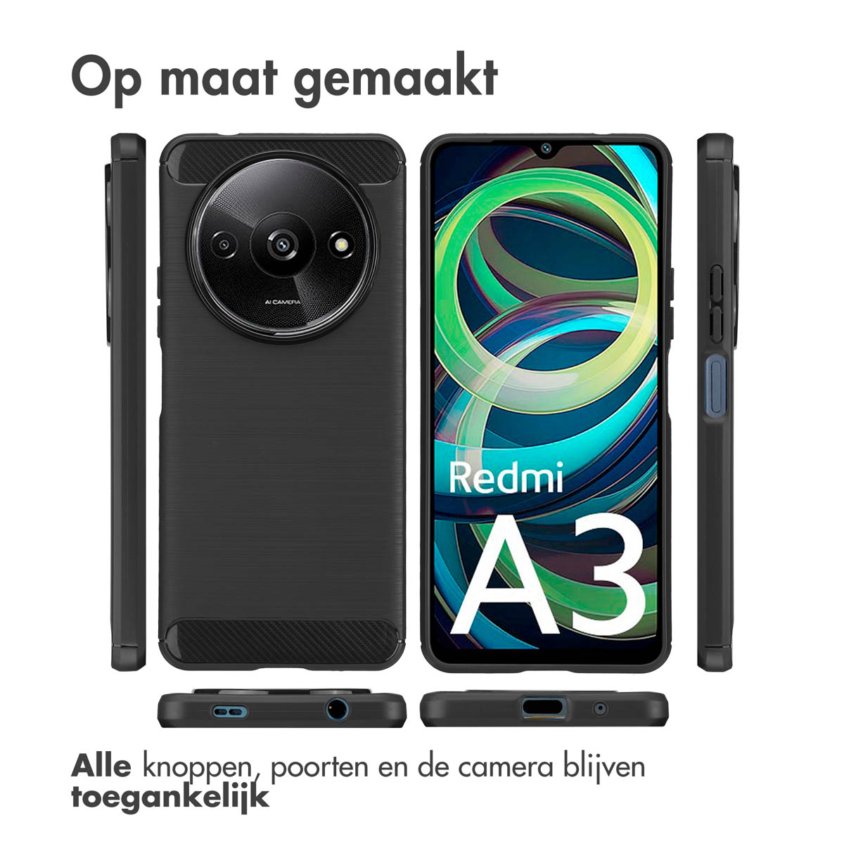 Custodia nera per telefono con design Redmi A3 su sfondo bianco. Testo in olandese, dettagli ravvicinati.
