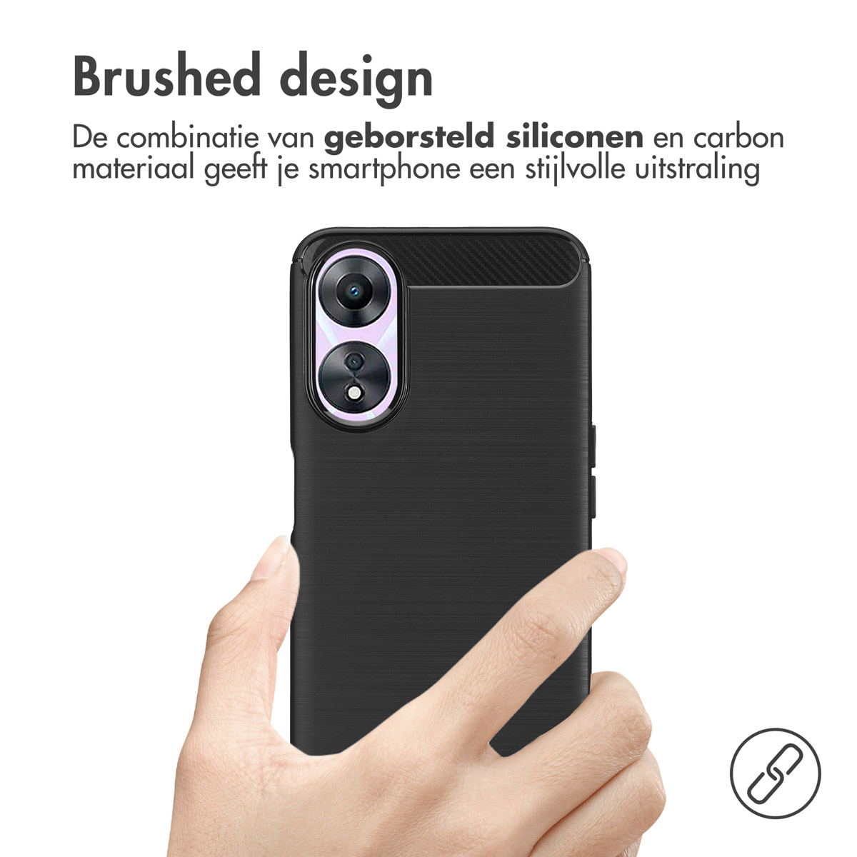 Eine Hand, die eine schwarze Handyhülle mit gebürstetem Design hält.