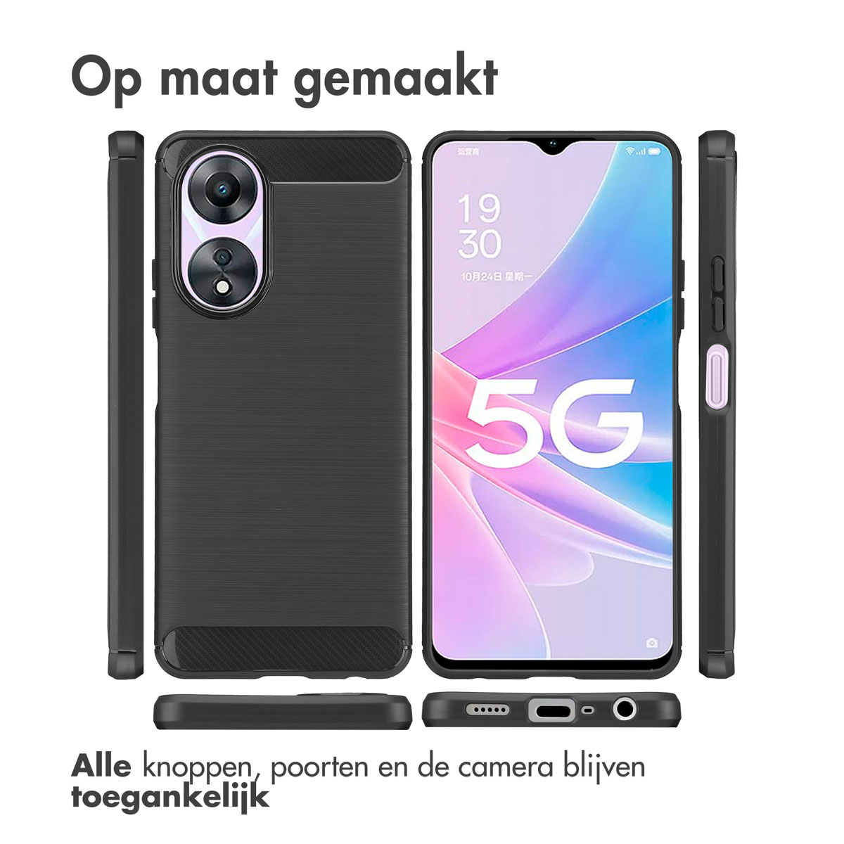 Coque de téléphone noire autour d'un téléphone, avec tous les ports et boutons accessibles.