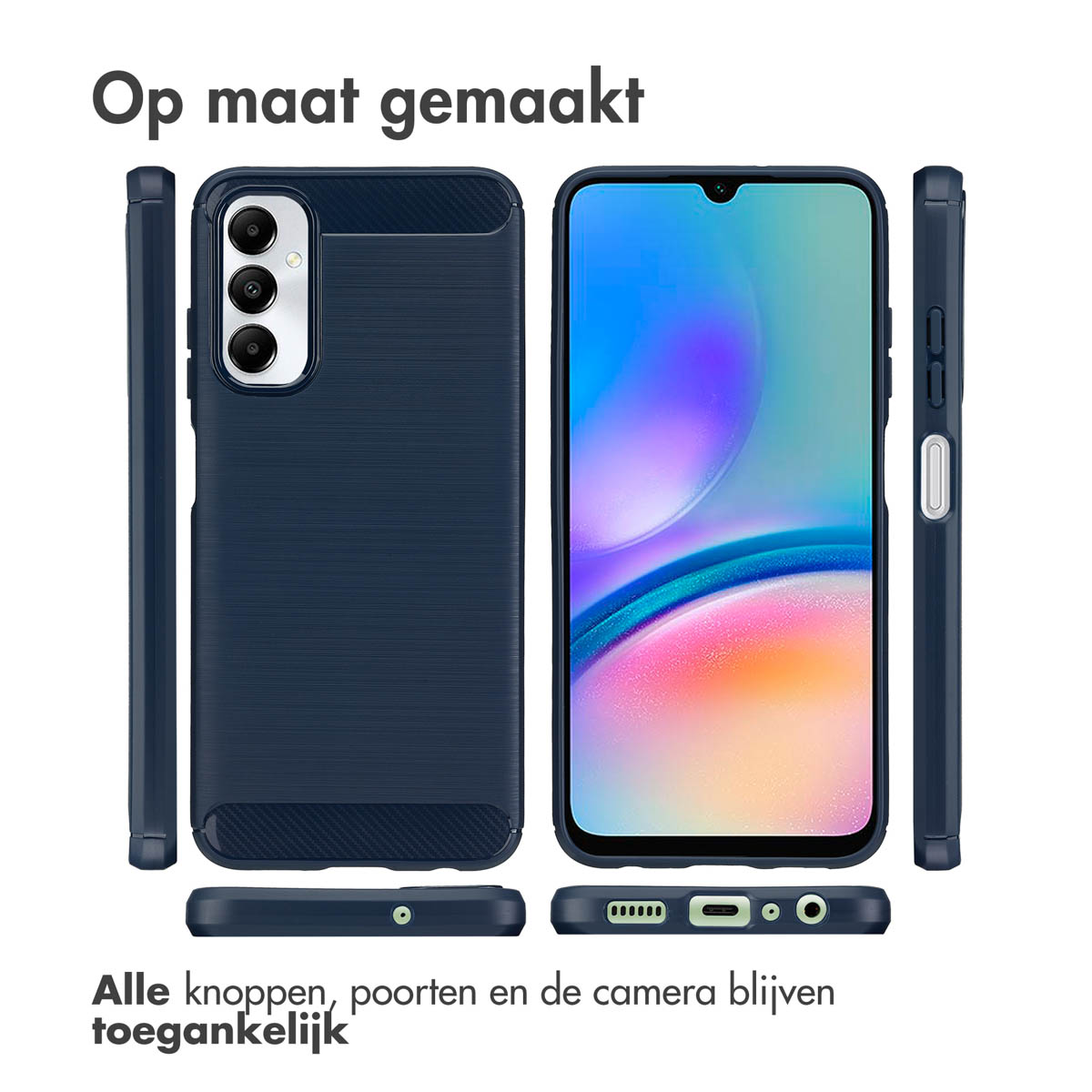 Coque de téléphone bleu foncé avec téléphone à l'intérieur, multiples vues. Texte: 'Op maat gemaakt', 'Alle knoppen...'