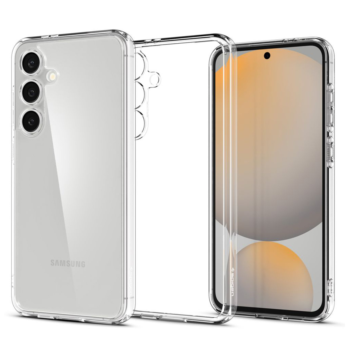 Custodia trasparente per telefono con un telefono all'interno. Sfondo bianco. SAMSUNG stampato.