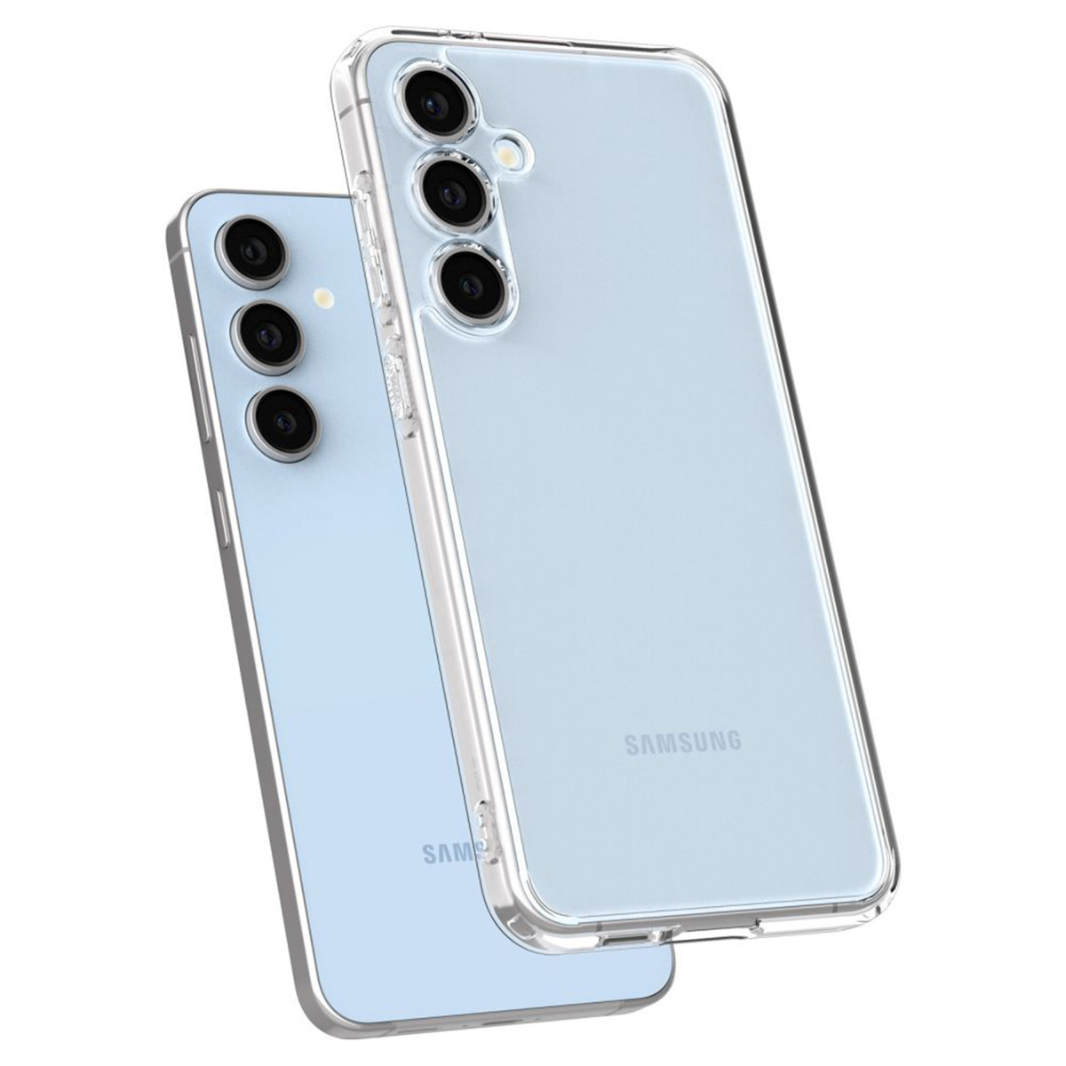 Due custodie per telefono azzurre. Entrambe le custodie hanno tre fori per la fotocamera e un design trasparente. Una è angolata.
