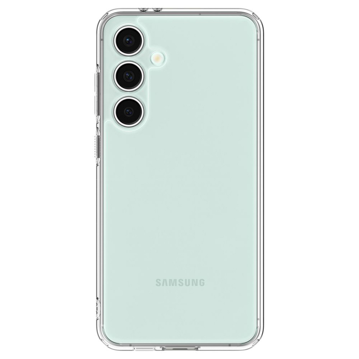 Un telefono verde chiaro con tre fotocamere posteriori in una custodia trasparente.