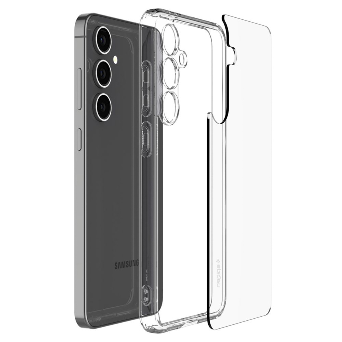 Uno smartphone all'interno di una custodia protettiva trasparente. Il telefono ha tre fotocamere.