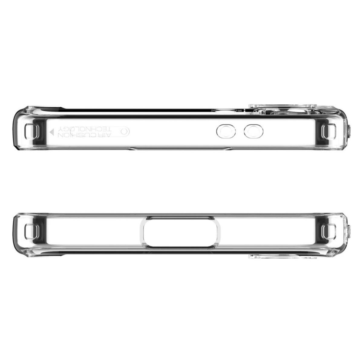 Due custodie trasparenti per telefono, che mostrano la vista laterale. La custodia ha un design trasparente.