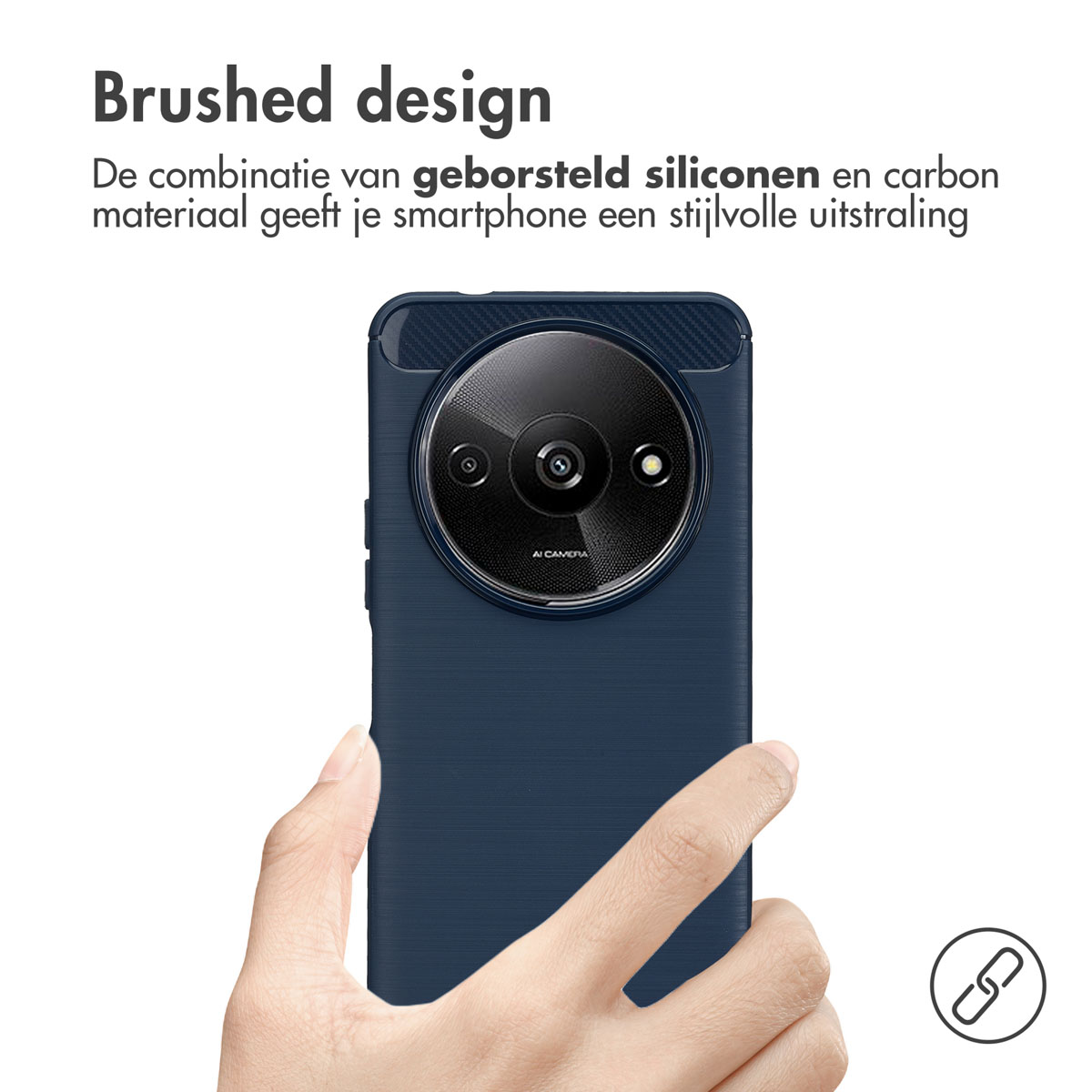 Una mano che tiene una custodia per telefono blu scuro con un ritaglio per la fotocamera e un design spazzolato.