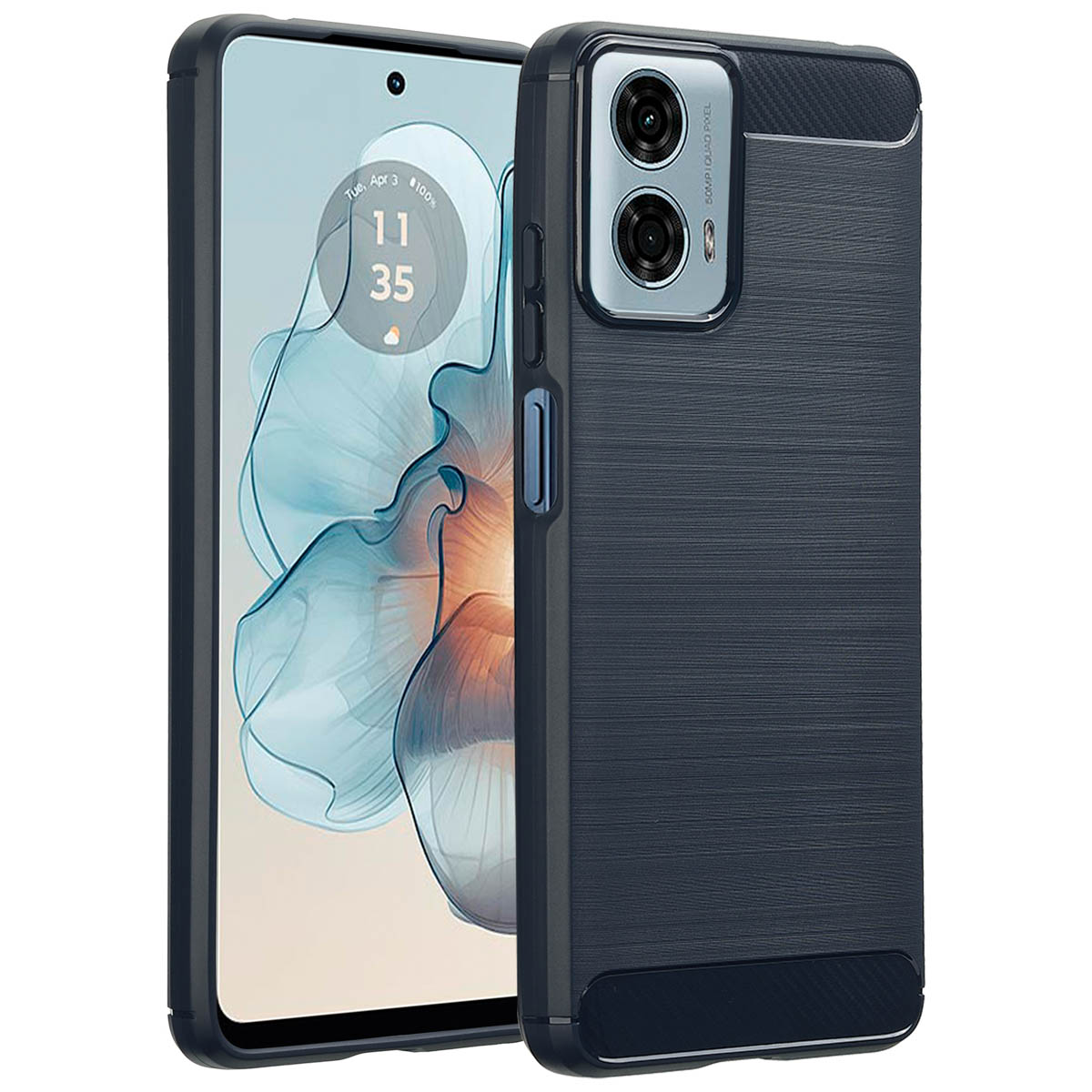 Telefoonhoesje met telefoon erin. Donkerblauwe hoes en hoesje. Telefoon toont datum en tijd.