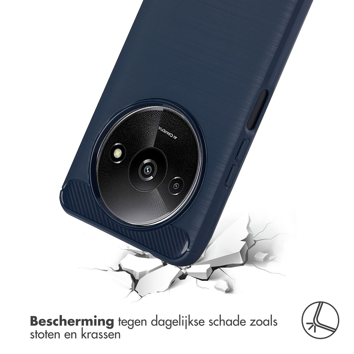 Custodia del telefono blu scuro che cade, spaccando il terreno. L'obiettivo della fotocamera è visibile. Testo: Protezione dai danni quotidiani, come urti e graffi.