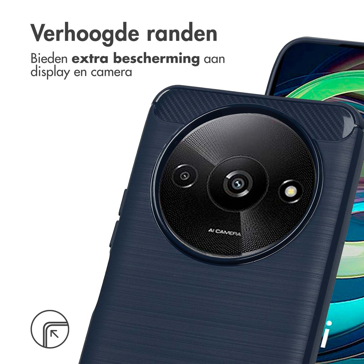 Una custodia blu scuro con ritaglio per fotocamera mostra un telefono. Il testo dice “Verhoogde randen” in olandese.