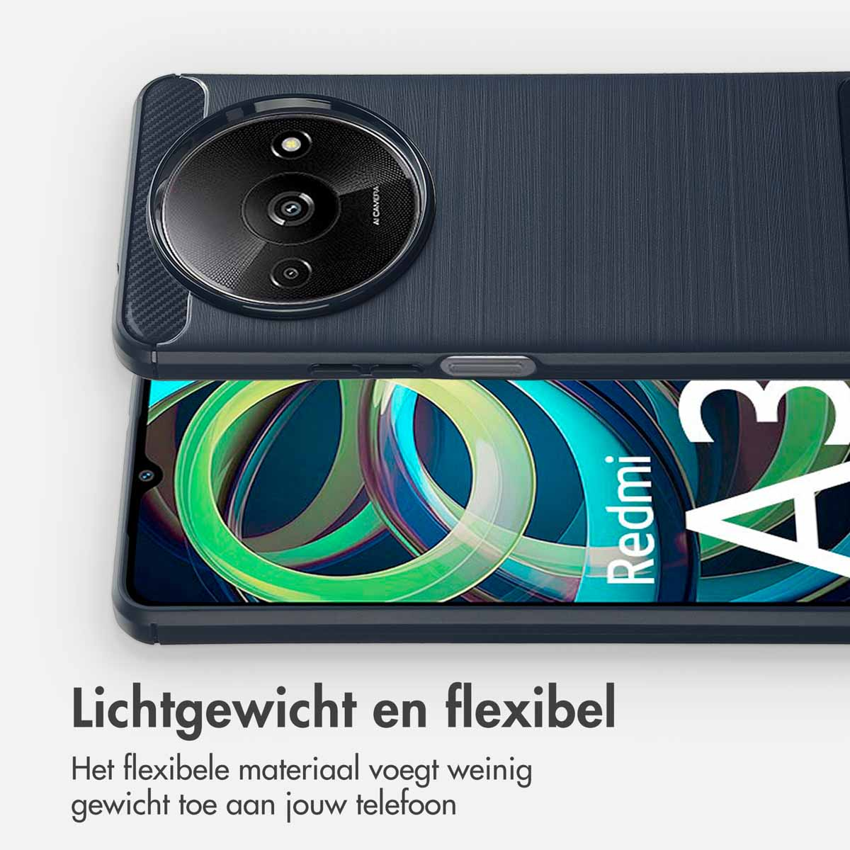Una custodia blu su uno smartphone con il testo 'Redmi A3' visibile sullo schermo.