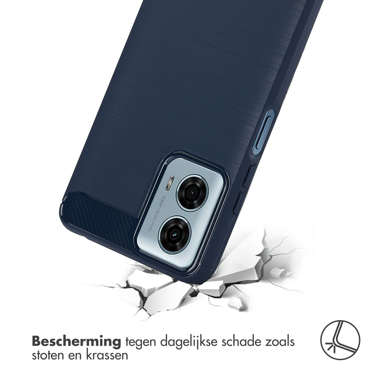 Donkerblauwe telefoonhoes met een getextureerde achterkant. Een telefoon met camera's is zichtbaar.