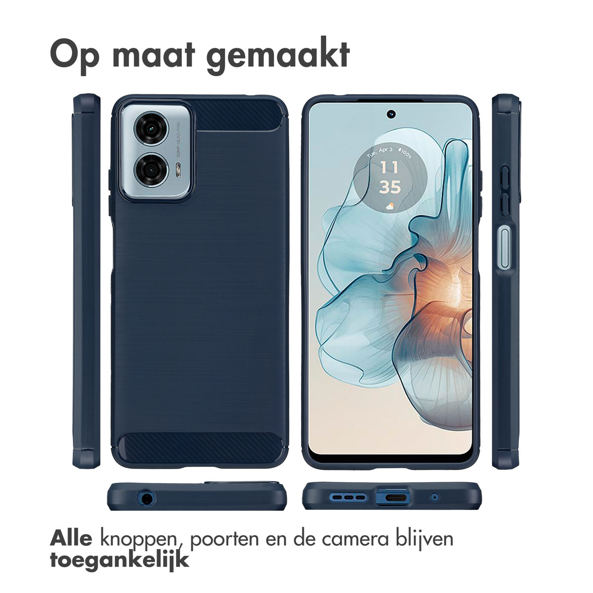 Telefoonhoesje met telefoon erin, voor- en zijaanzicht. Marineblauwe kleur.