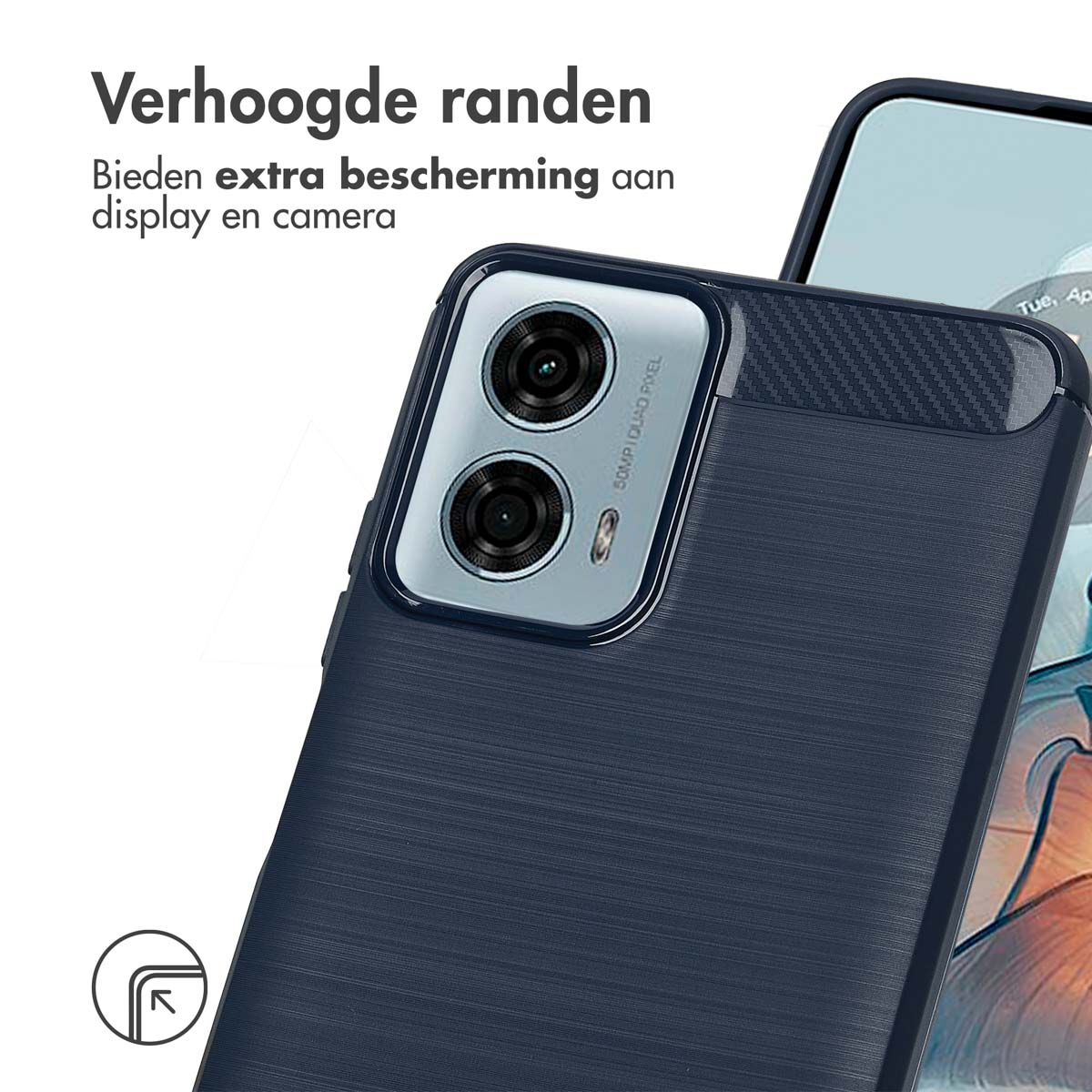 Close-up van een telefoonhoesje in donkerblauw met twee cameralenzen. Tekst: '50MP QUAD PIXEL'.