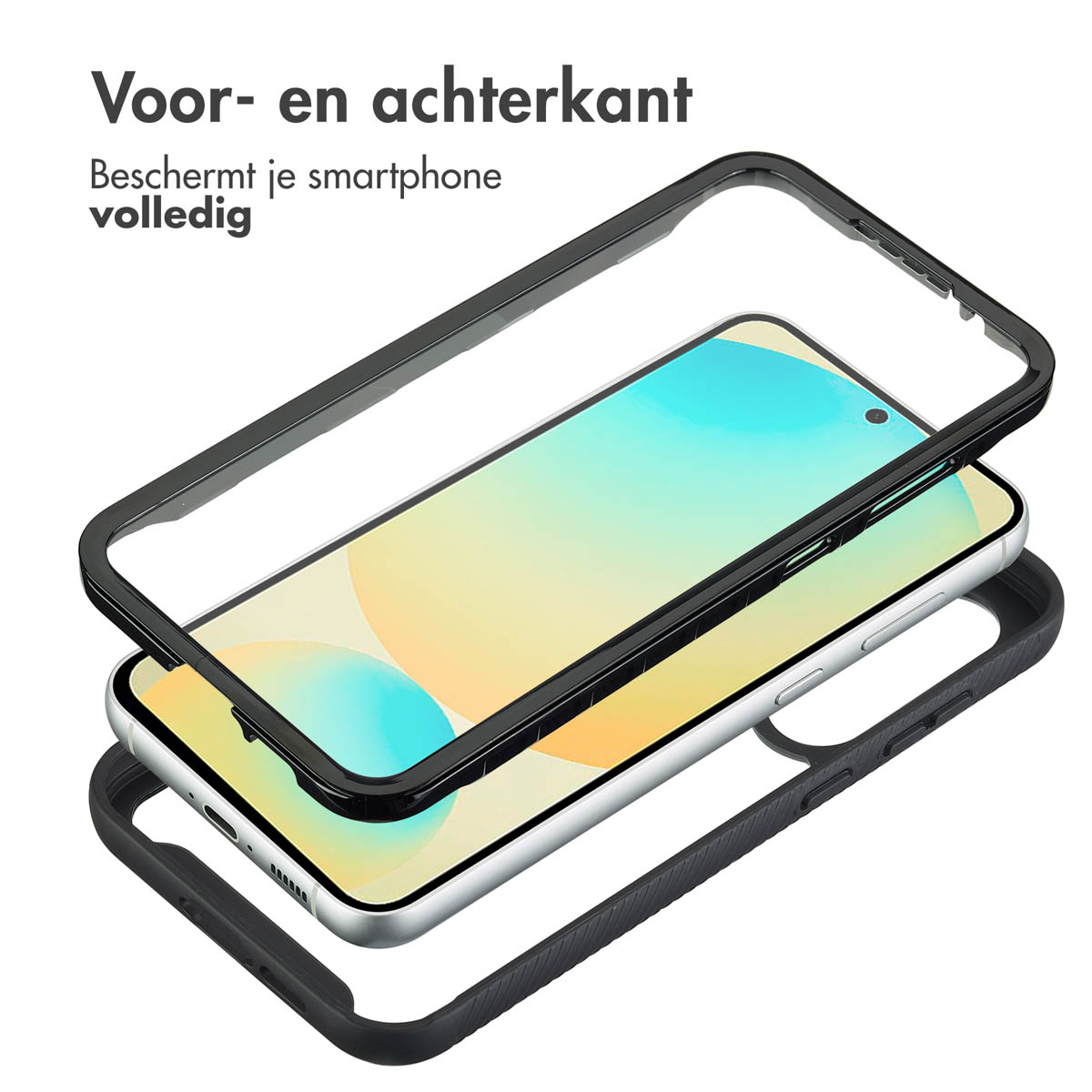 Un étui pour smartphone avec des couches. La couche supérieure est un cadre transparent. Le téléphone est au milieu.