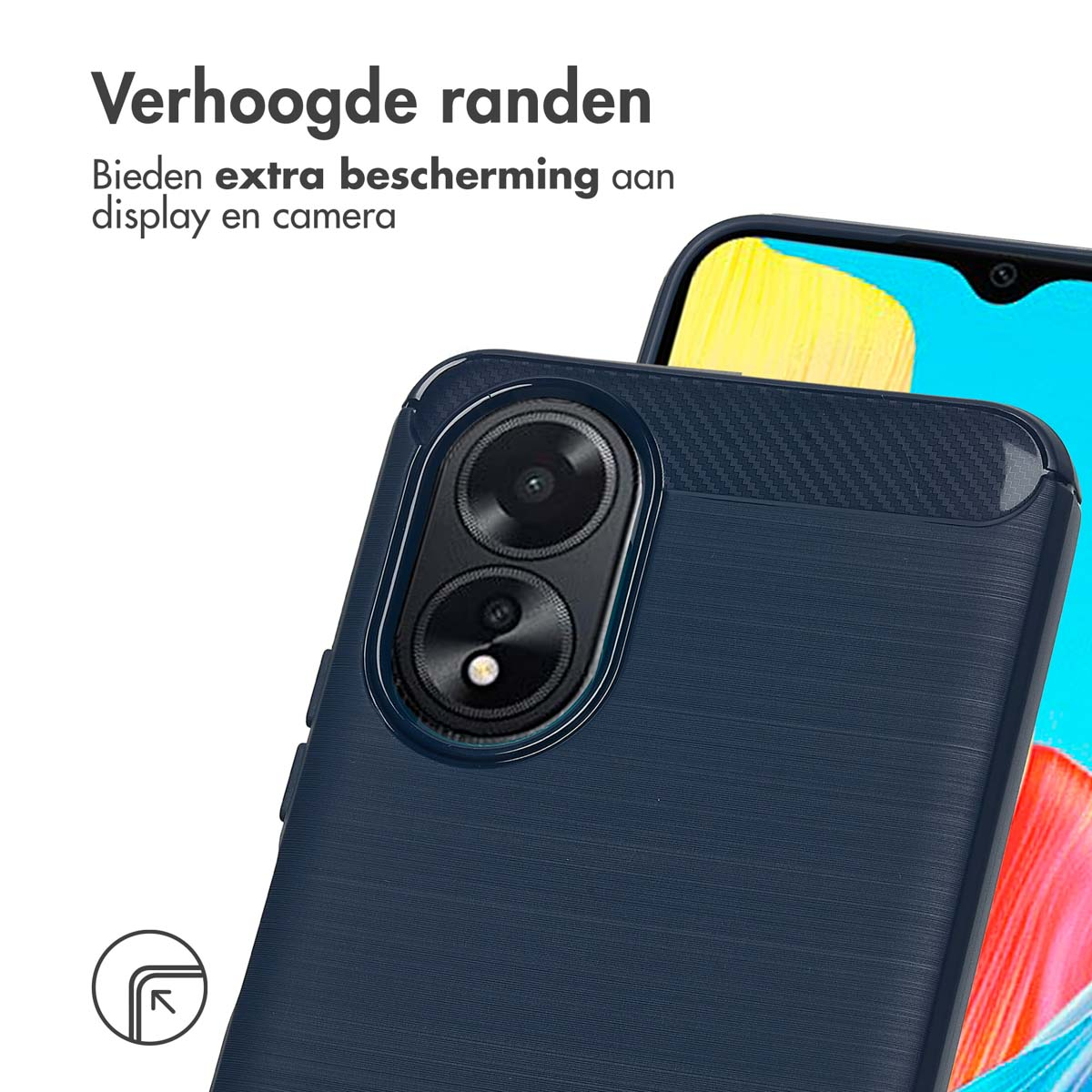 Close-up van een donkerblauwe telefoonhoes met een verhoogde rand.