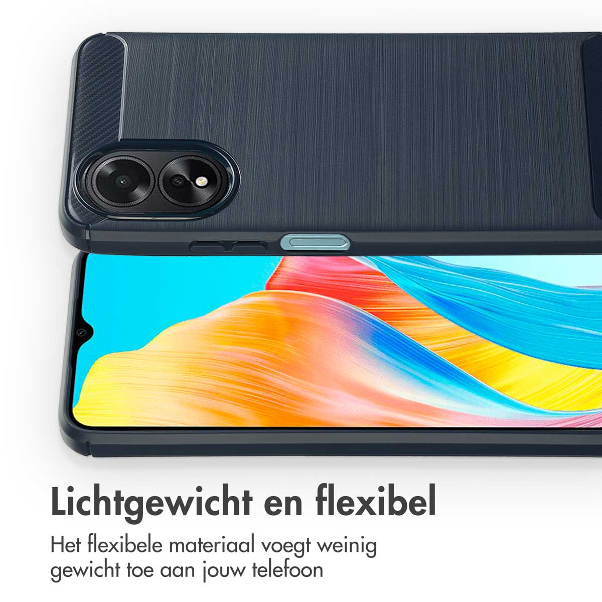 Close-up van een telefoon in een donkerblauwe hoes. Tekst: Lichtgewicht en flexibel.