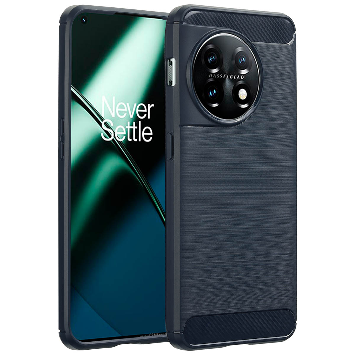 Étui de téléphone bleu foncé avec écran affichant le texte 'Never Settle', sur fond blanc.