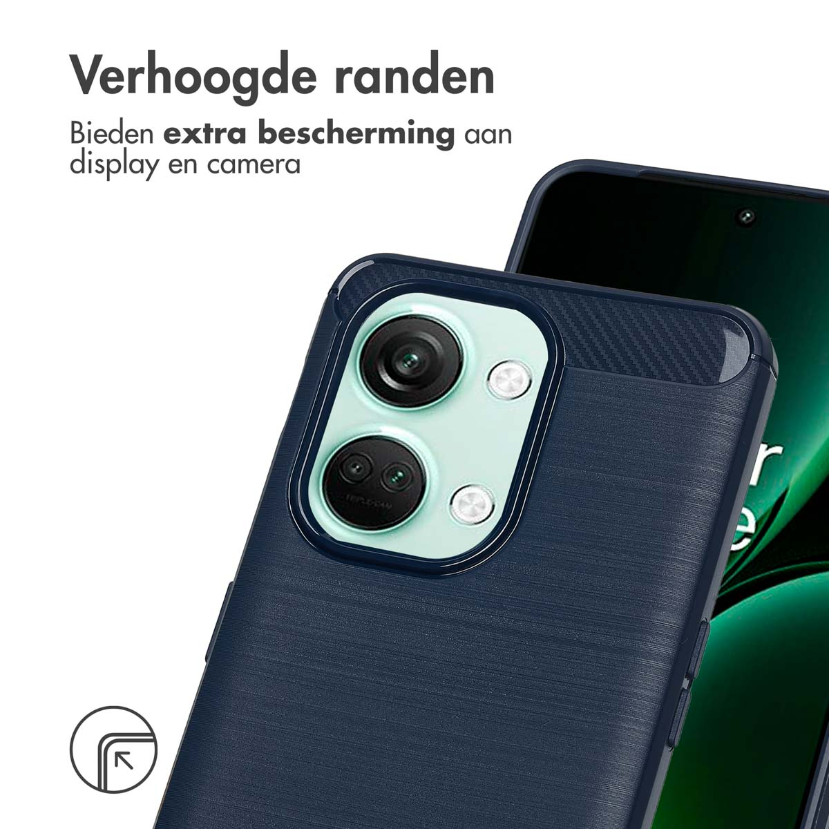 Telefoonhoesje met dubbele camera's. Blauwe hoes met zwart camera-gedeelte.