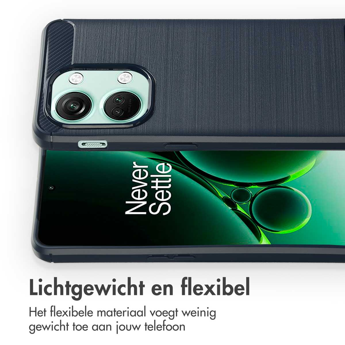 Een telefoonhoesje met een telefoon. Tekst: 'Never Settle'. De Nederlandse tekst luidt: lichtgewicht en flexibel.
