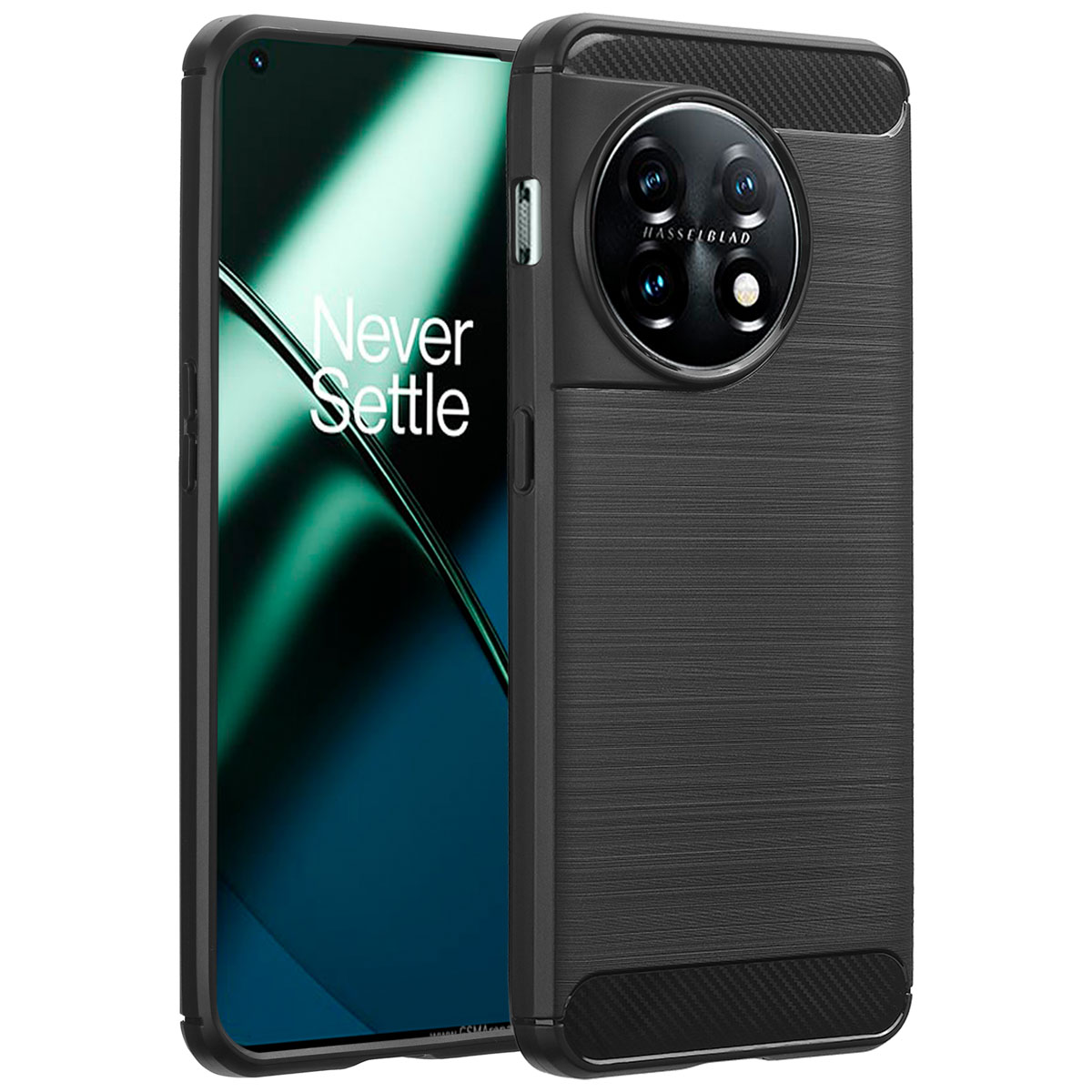 Coque de téléphone noire sur fond blanc. La coque protège un téléphone noir avec le texte 'Never Settle'.