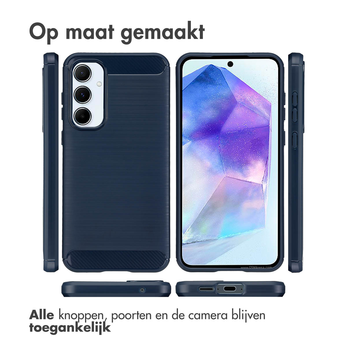 Een donkerblauwe telefoonhoes met een telefoon erin, die de zijkanten, de voorkant en de achterkant laat zien. Tekst in het Nederlands.