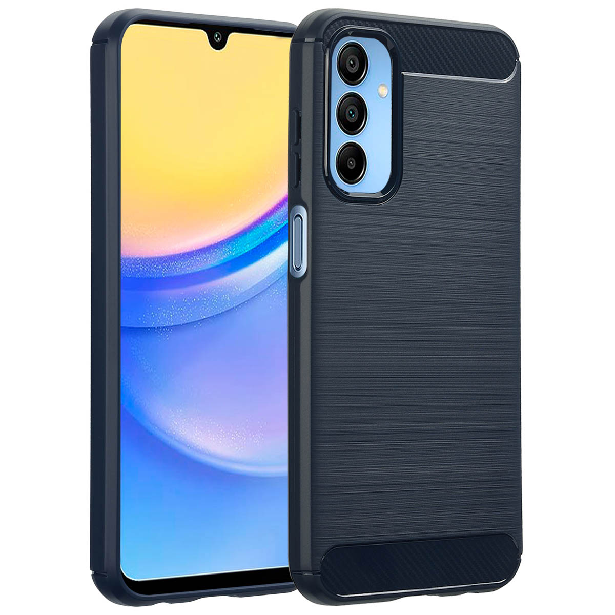 Un smartphone dans une coque bleu foncé, avec une texture en fibre de carbone noire et bleue. Le téléphone est dans une coque.