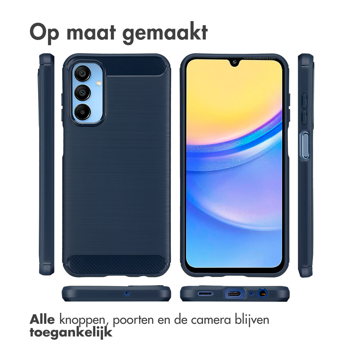 Un étui de téléphone avec un téléphone à l'intérieur. L'étui est bleu foncé, avec quelques vues montrées.