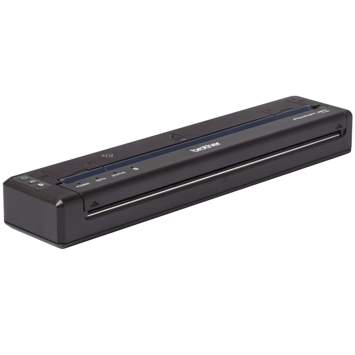 Una stampante Brother PocketJet nera. Ha una forma rettangolare con pulsanti e spie luminose su un'estremità.