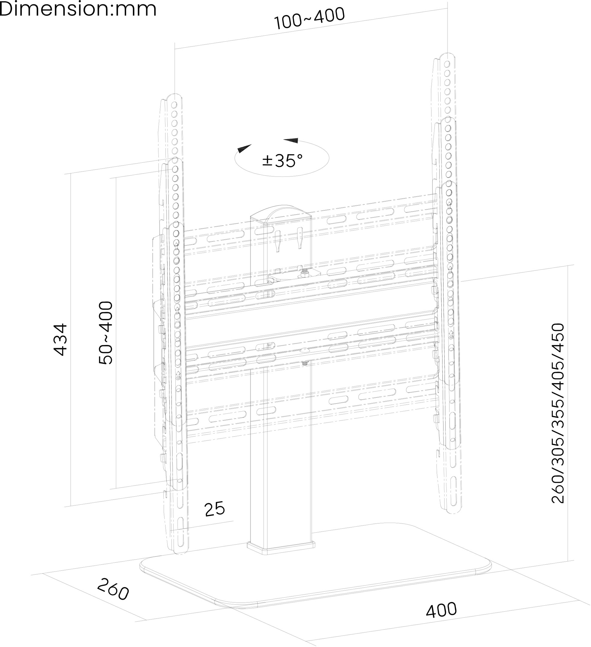 Diagram met afmetingen voor een tv-standaard. Het toont de grootte en de meting.