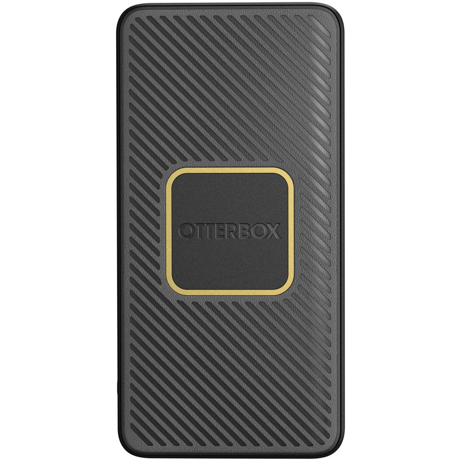 Zwarte telefoonhoes met een gouden vierkant in het midden en een gestructureerd patroon.
