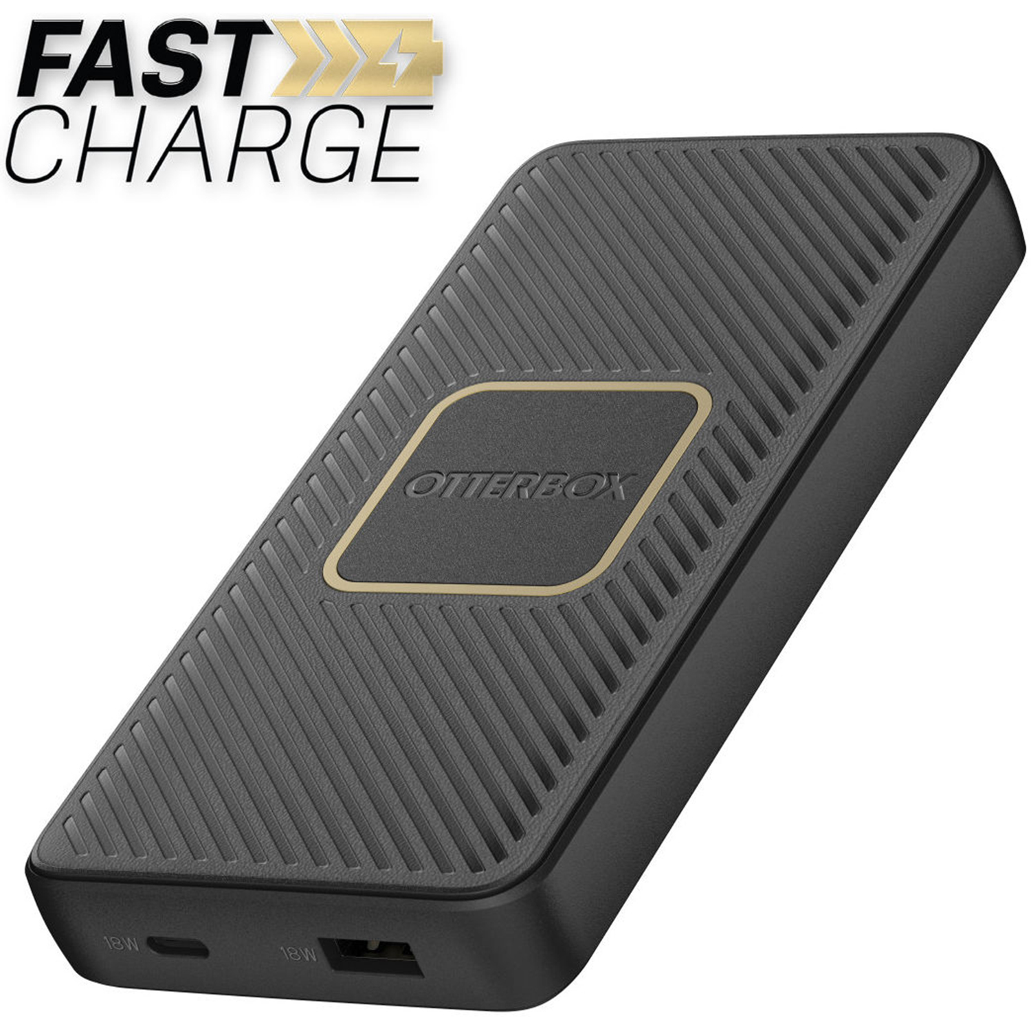 Een zwarte Otterbox powerbank met geribbelde textuur en een goudkleurige omtrek.