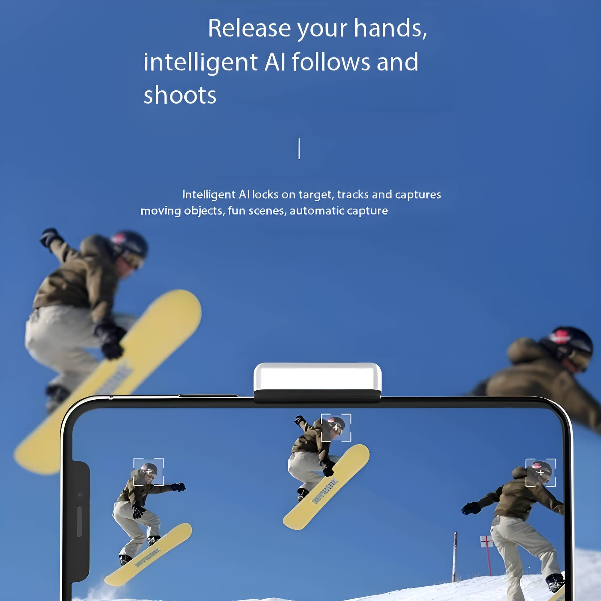Ein Snowboarder in der Luft mit einem Handy-Bildschirm, der die Aktion zeigt, und einem weißen Licht.
