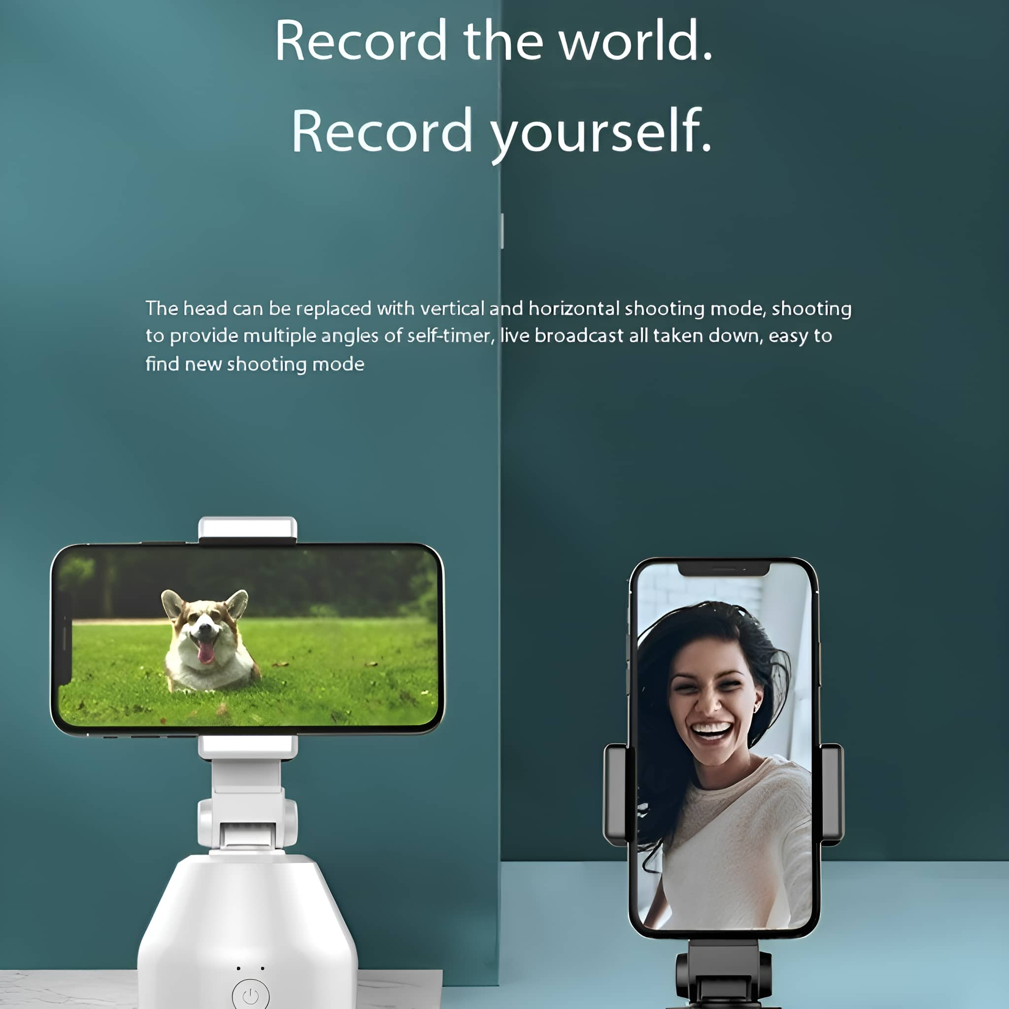 Zwei Smartphones auf Ständern, eines mit Hundevideo, das andere mit lächelnder Frau. Texte: Nimm die Welt auf, dich selbst.