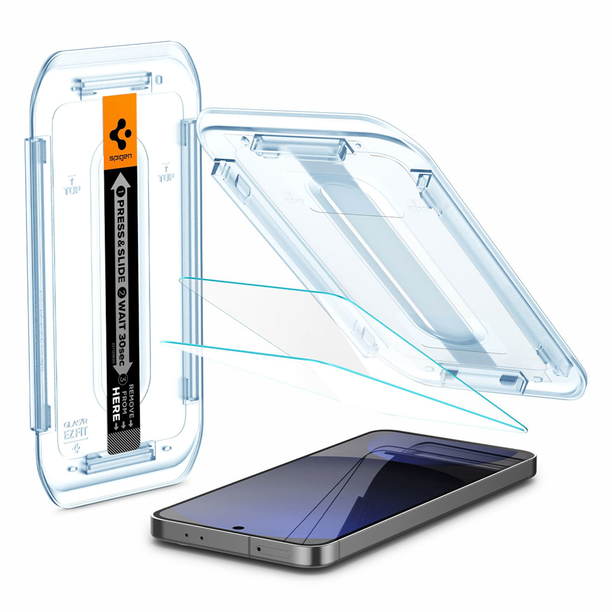 Un téléphone avec un kit d'installation de protection d'écran. Le téléphone est argenté.