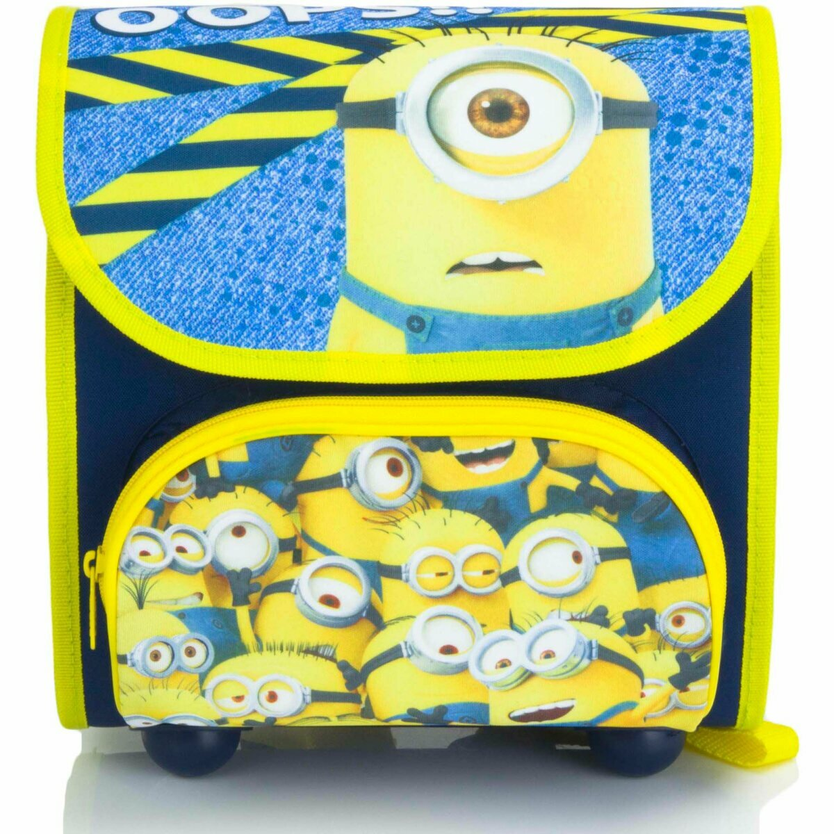 Ein blauer Rucksack mit Minions-Design. Der Rucksack hat gelbe Details.