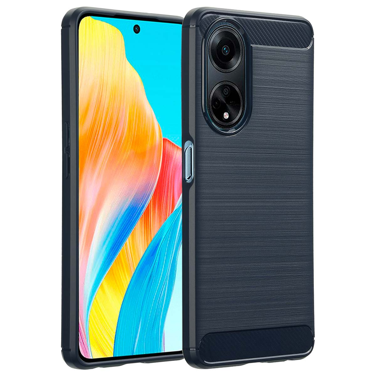 Smartphone in una custodia blu scuro, con un modulo fotocamera, esposto su sfondo bianco.