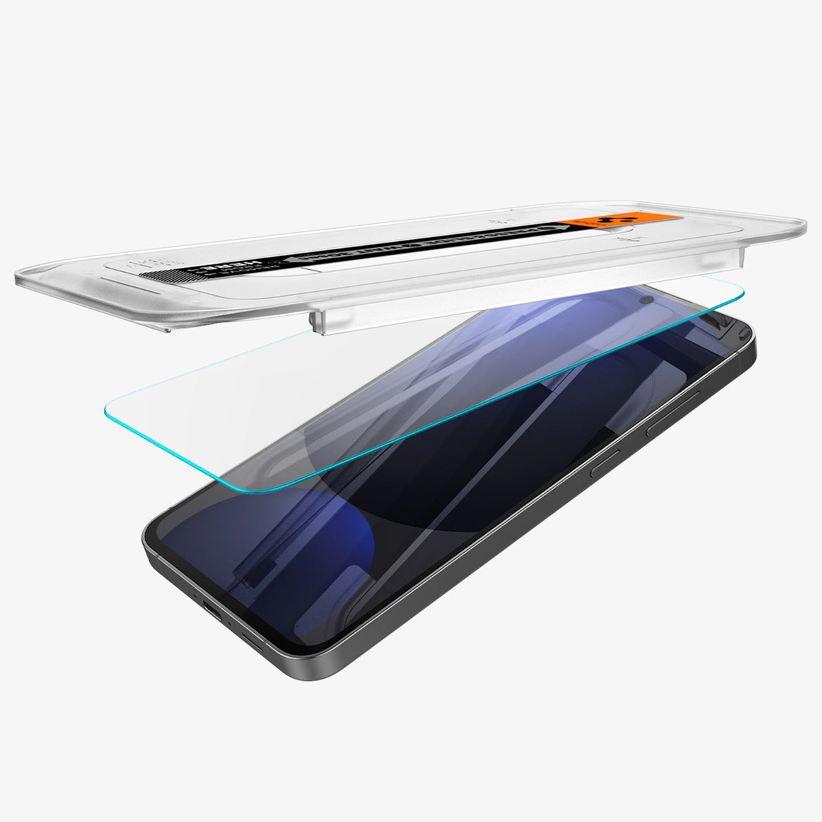 Smartphone avec un kit d'application de protection d'écran ; protection transparente, téléphone et applicateur.