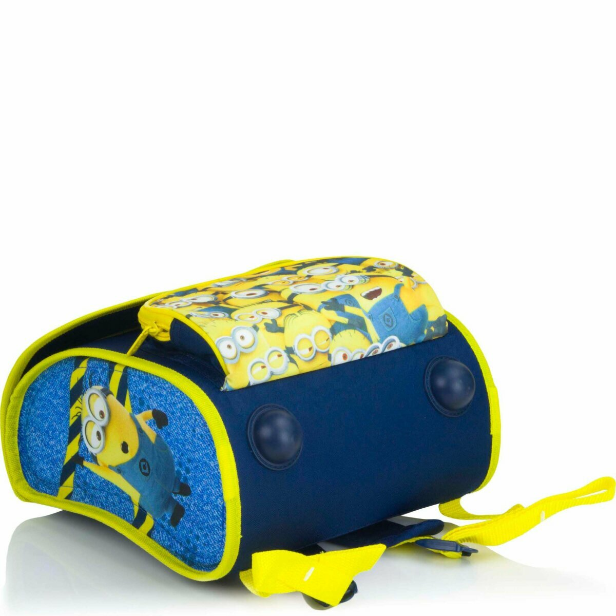 Ein Rucksack mit Minions-Charakteren wird gezeigt. Der Rucksack ist blau und gelb.