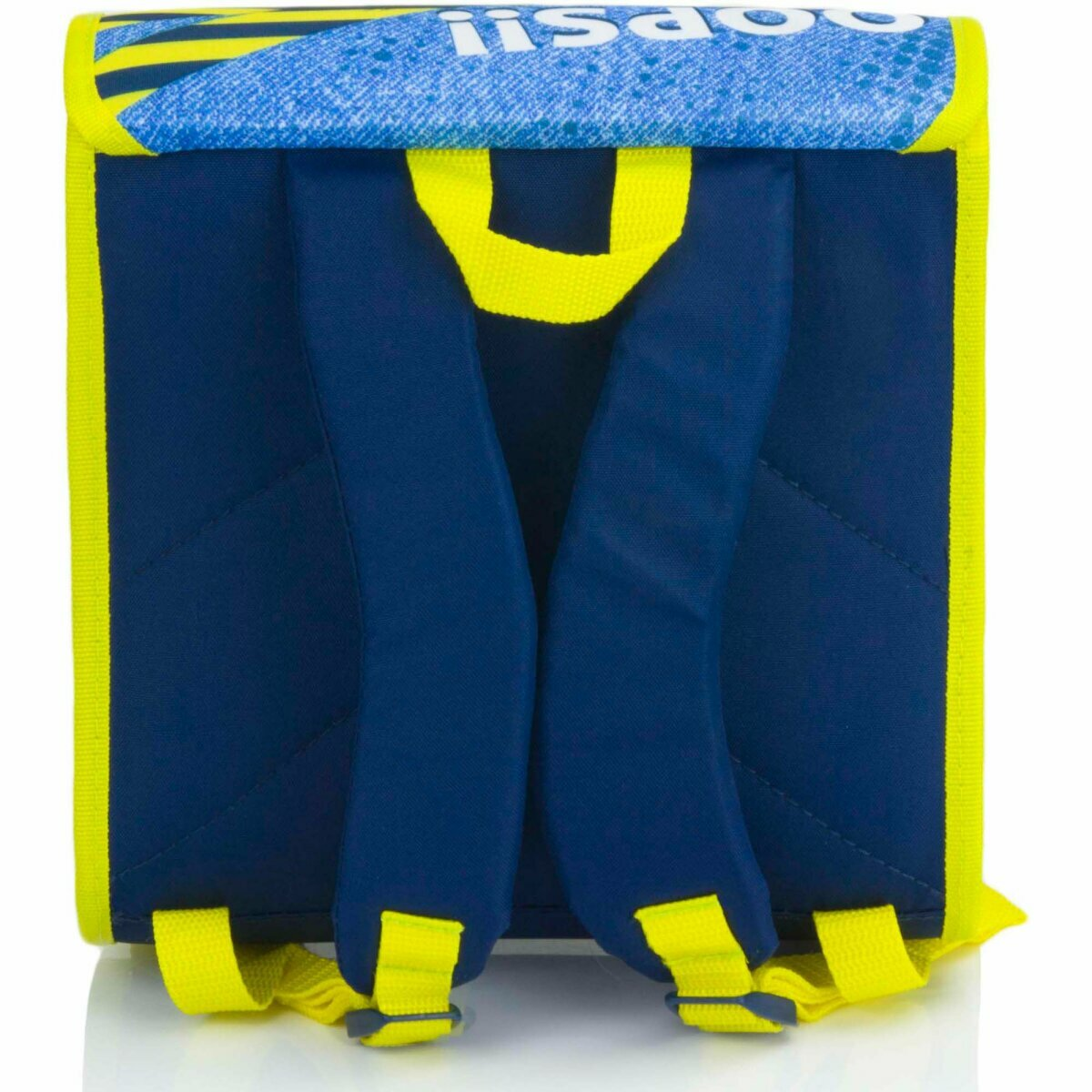 Rucksack mit blauem und gelbem Design. Gelbe Träger und Tragegriff. Text: Ein Rucksack mit farbenfrohem Design.