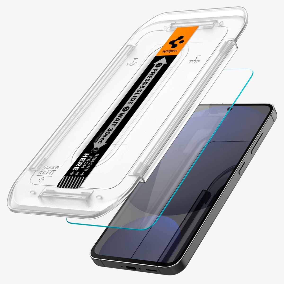 Un téléphone avec une application de protection d'écran. Le protecteur est en cours d'installation, avec des instructions.