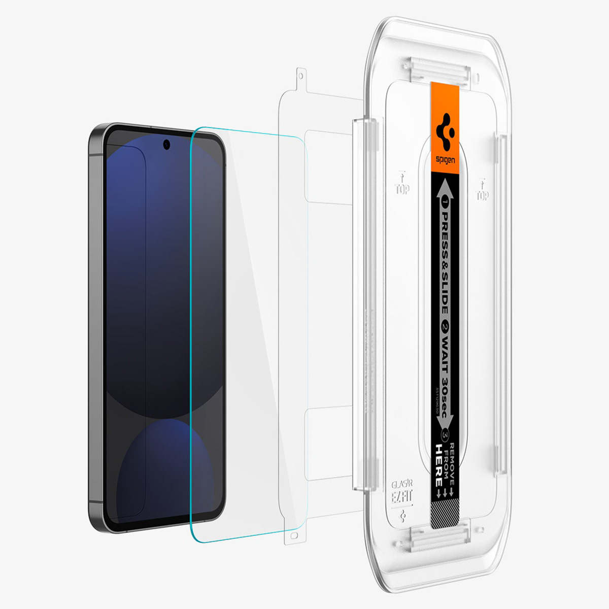 Protecteur d'écran avec guide d'application. Téléphone à gauche, protecteur avec guide à droite.