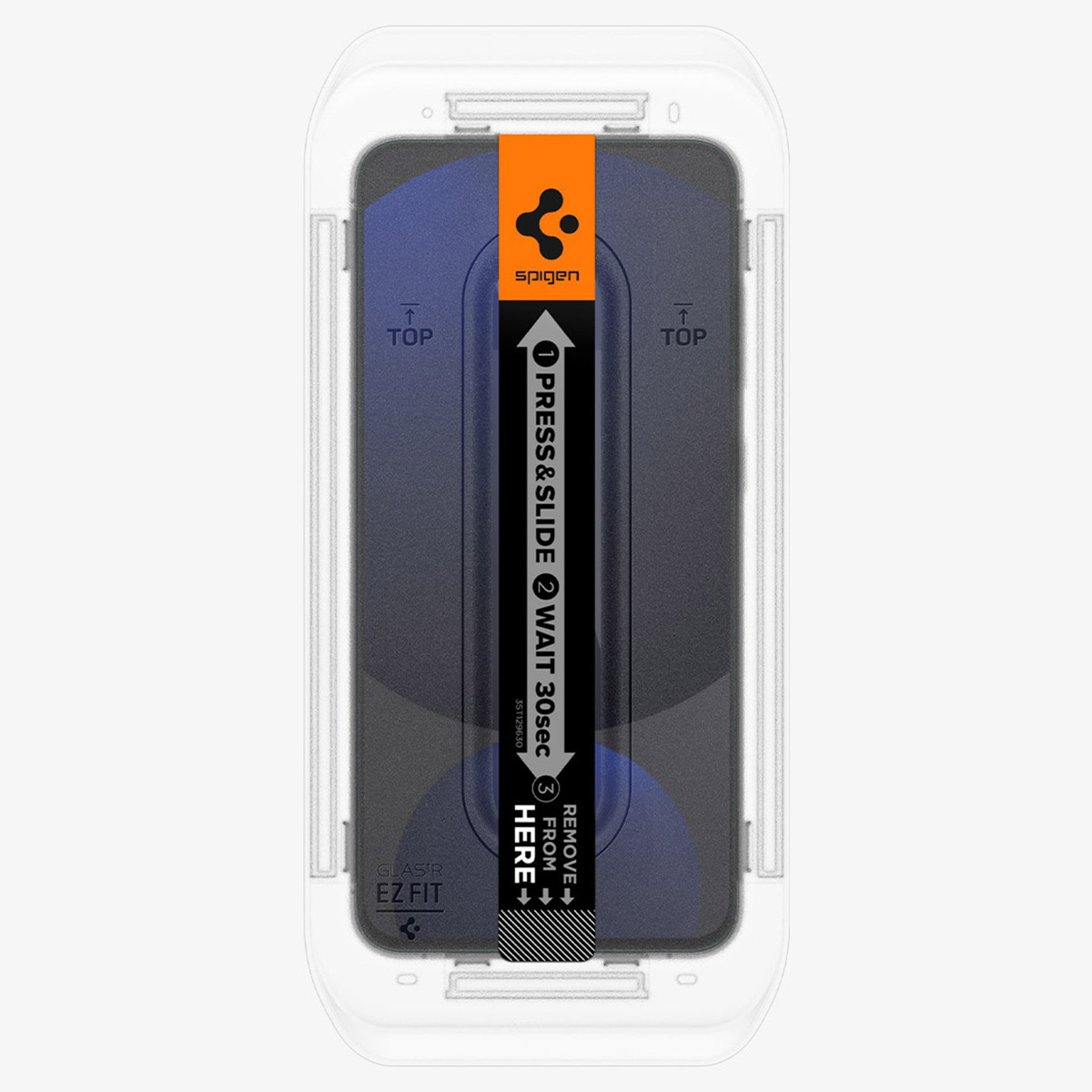 Emballage de protection d'écran avec instructions: Presser & Glisser, Attendre 30s, Retirer ici. Logo Spigen visible.