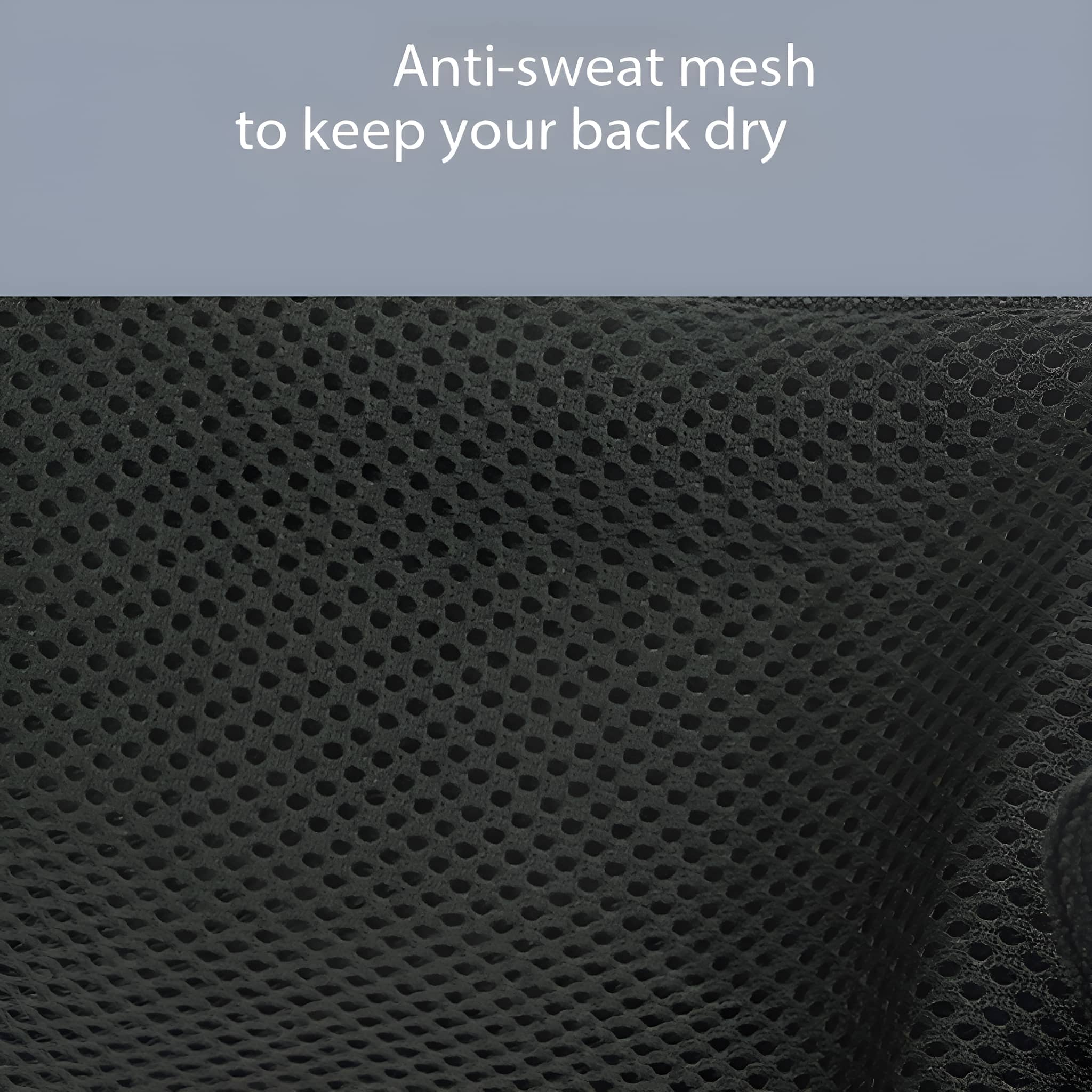 Nahaufnahme von schwarzem Mesh-Material, Text: Anti-Schweiß-Mesh, um Ihren Rücken trocken zu halten.