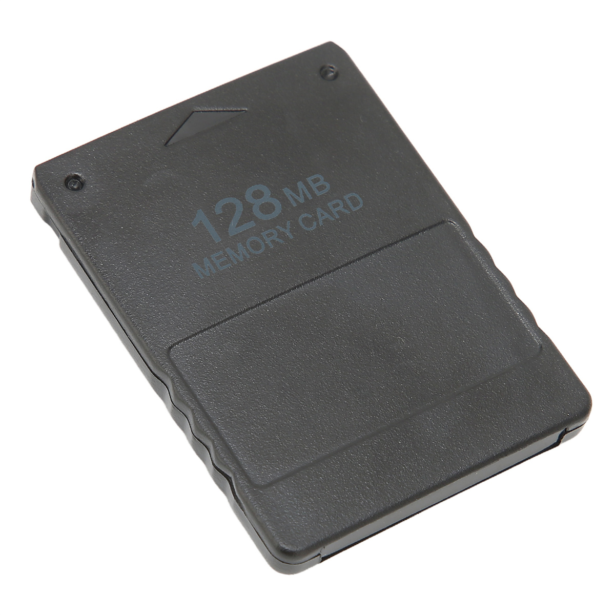 Schwarze 128MB Speicherkarte. Die Oberfläche hat geprägte Details und Text.