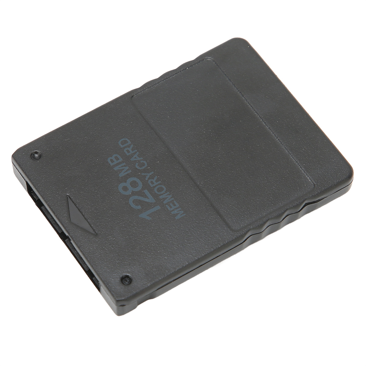 Schwarze 128 MB Speicherkarte auf weißem Untergrund. Grauer Text.