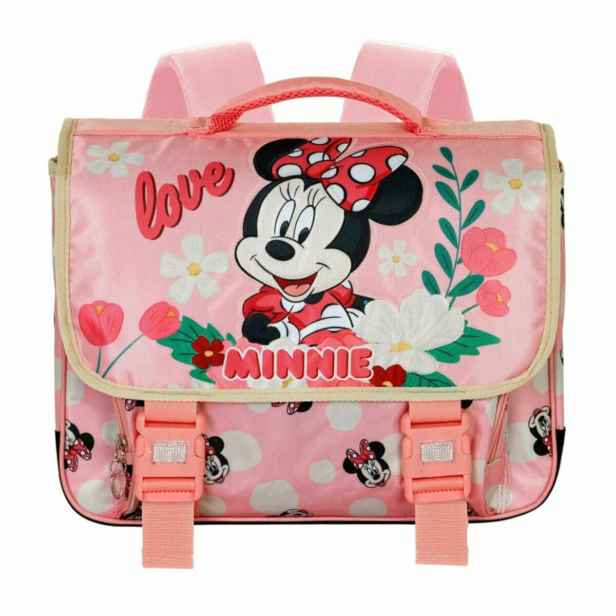 Ein rosa Minnie-Maus-Rucksack mit Minnie vorne, rosa Trägern und weißen Punkten.