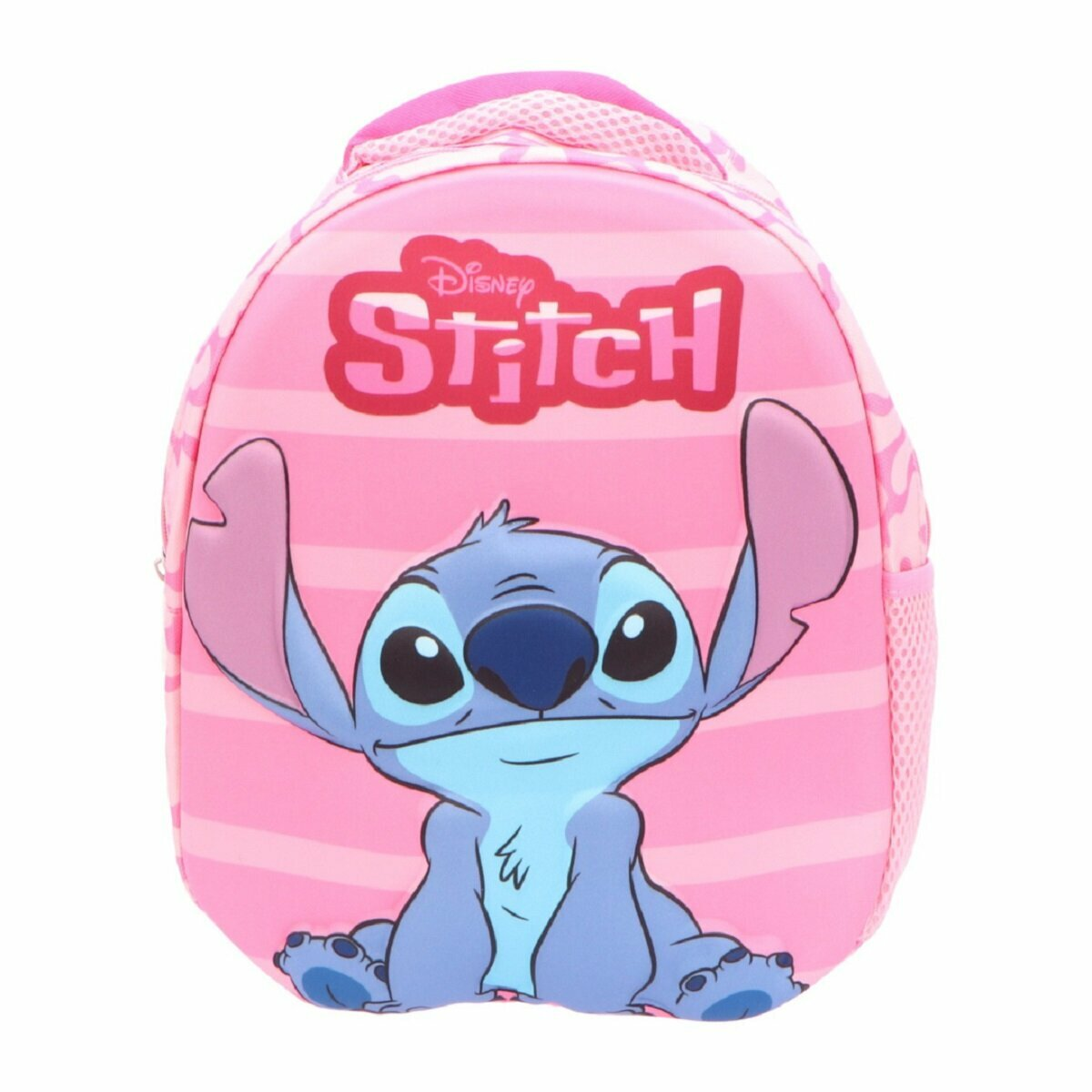 Ein rosa Rucksack im Stitch-Design mit einem Cartoon-Bild von Stitch auf der Vorderseite.