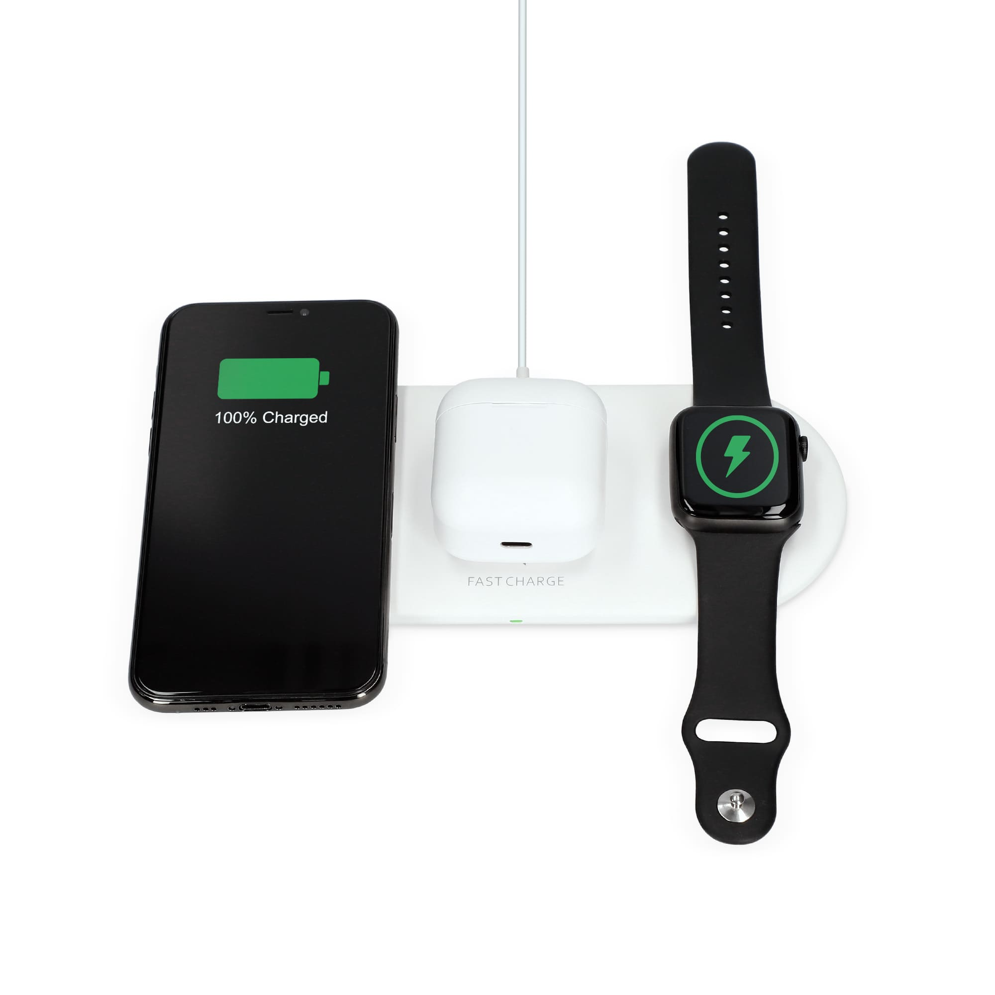 Una estación de carga con teléfono, auriculares y reloj. Teléfono muestra 100% cargado.
