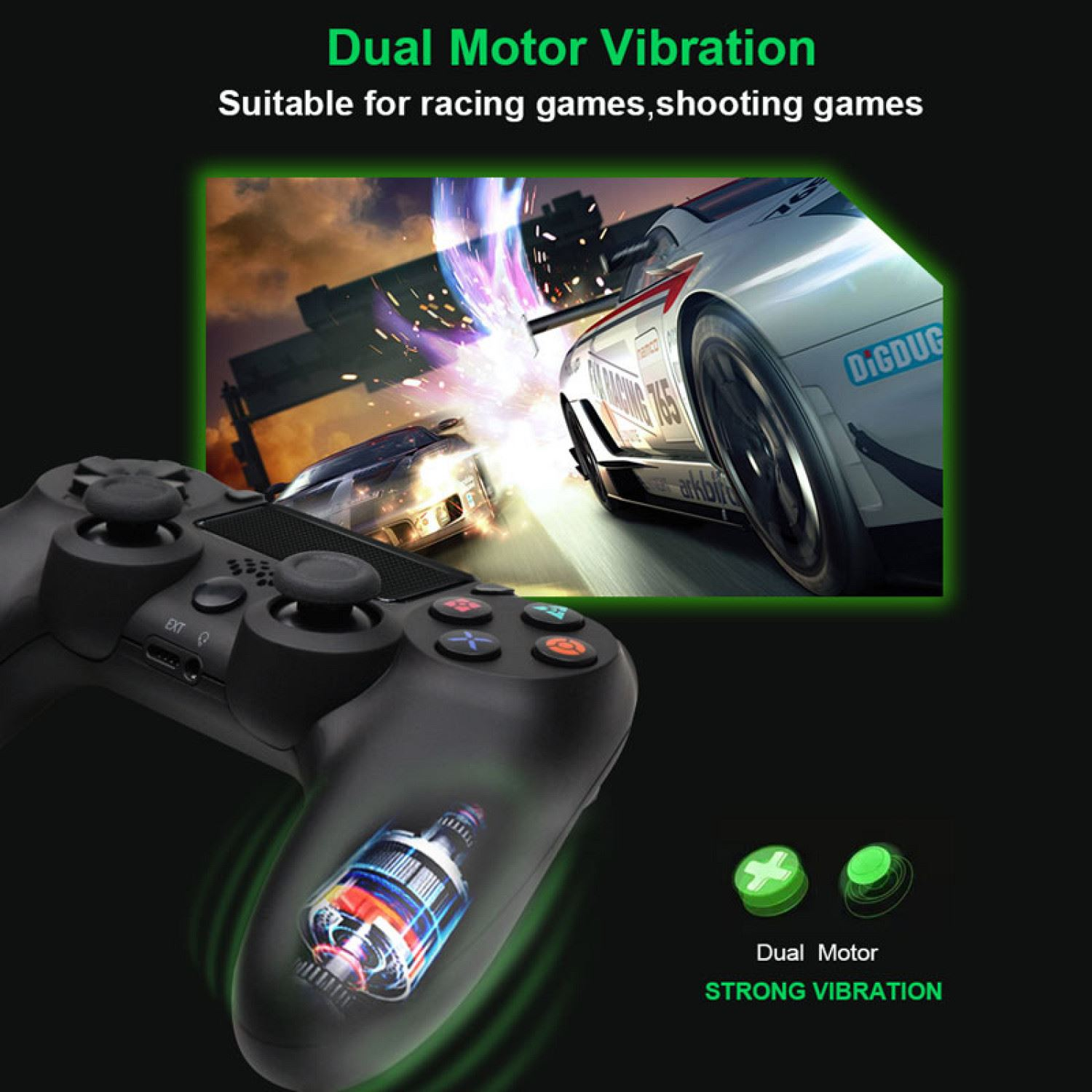 Controller di gioco nero con pulsanti e grafica di un gioco di corse sullo sfondo.